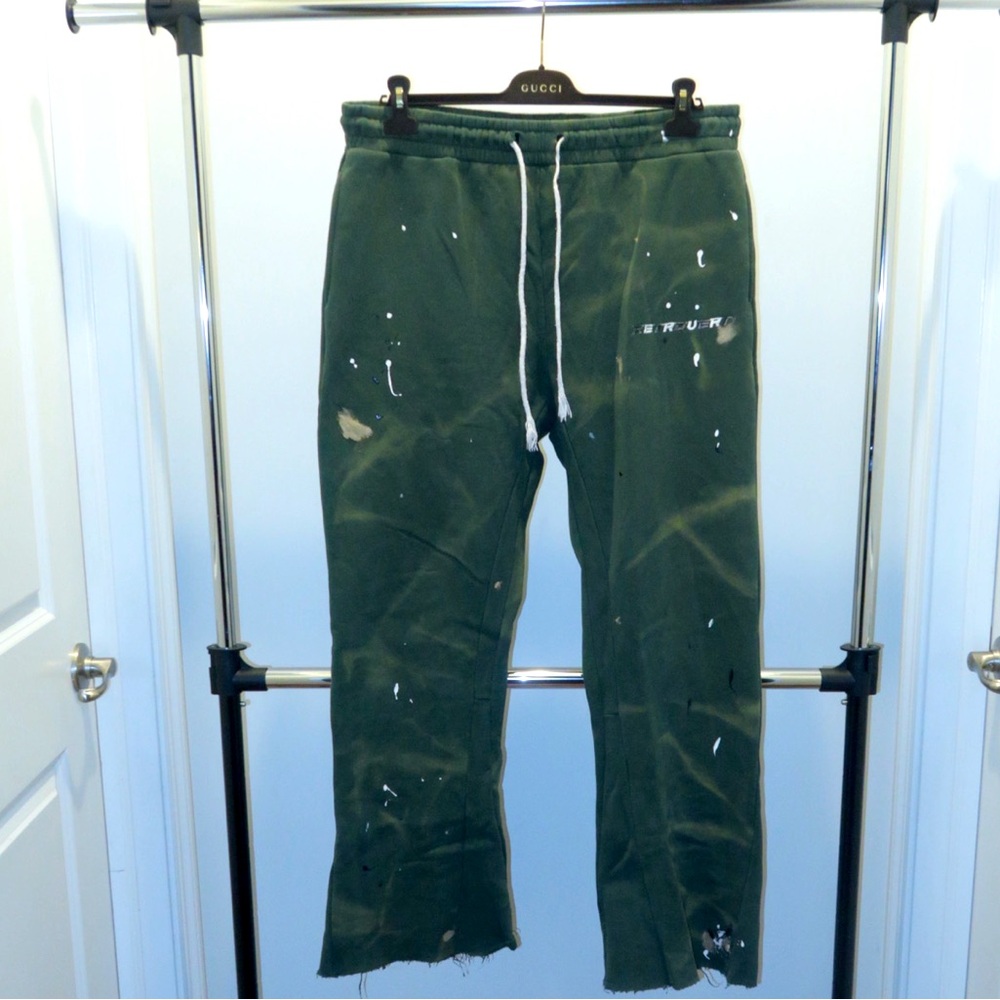 Green Distressed Sweatpants with Paint Splatters and fade streaks